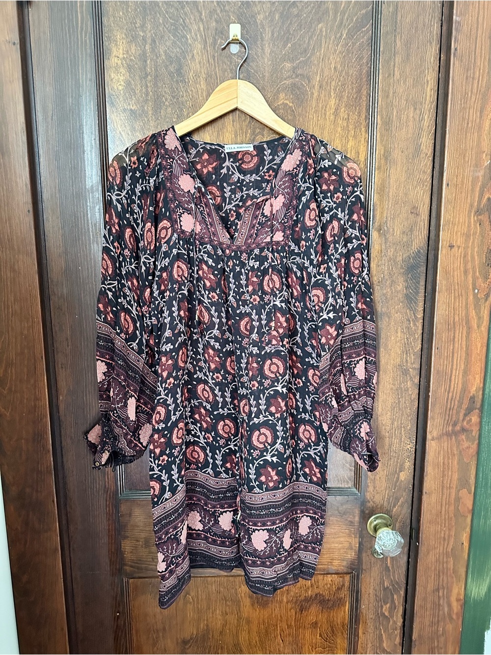 Ulla Johnson Boho Floral V-Neck Dress - Black & Dusty Rose